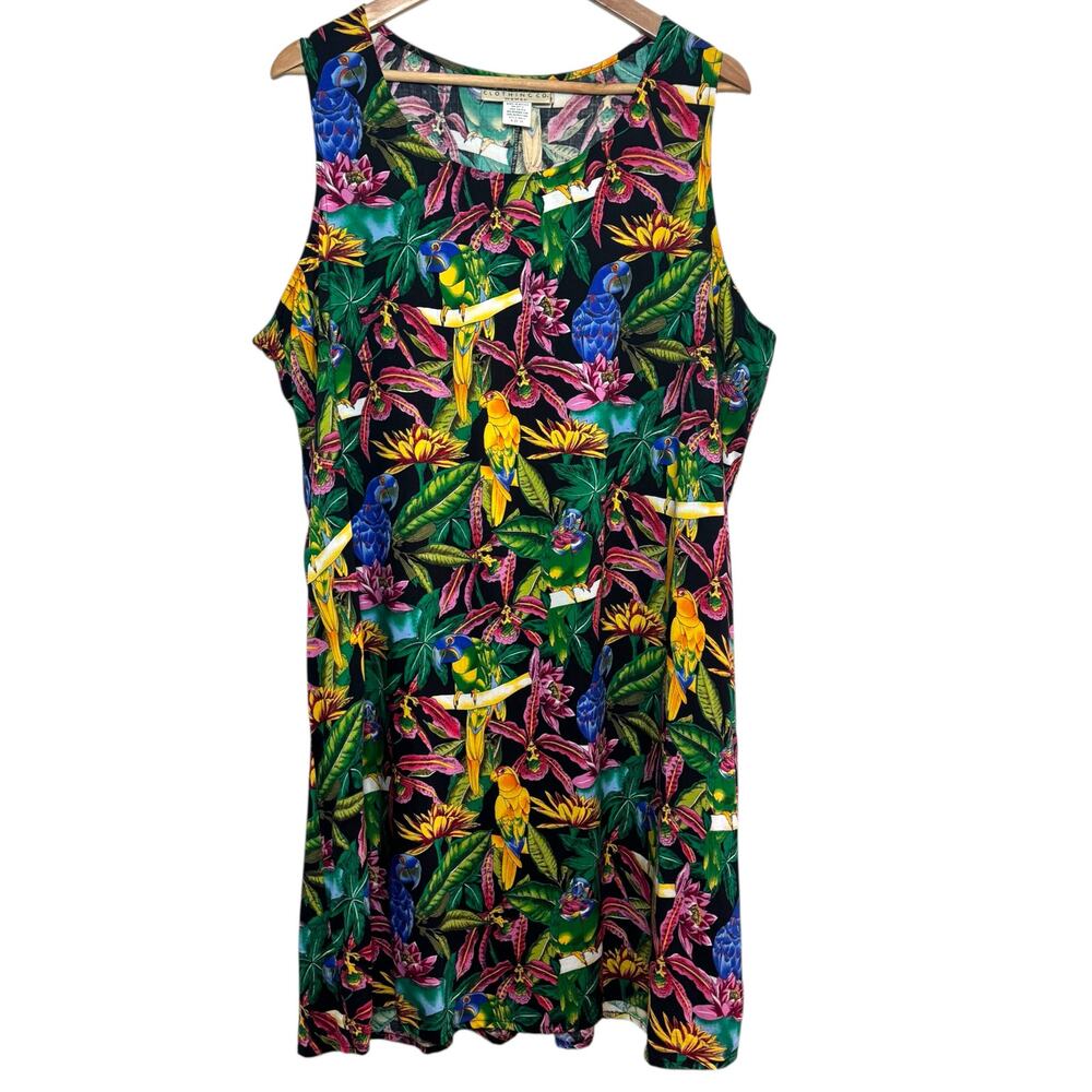 Tropical Parrot Sleeveless Plus Size 1X Tie Back Notations Rayon Shift Dress